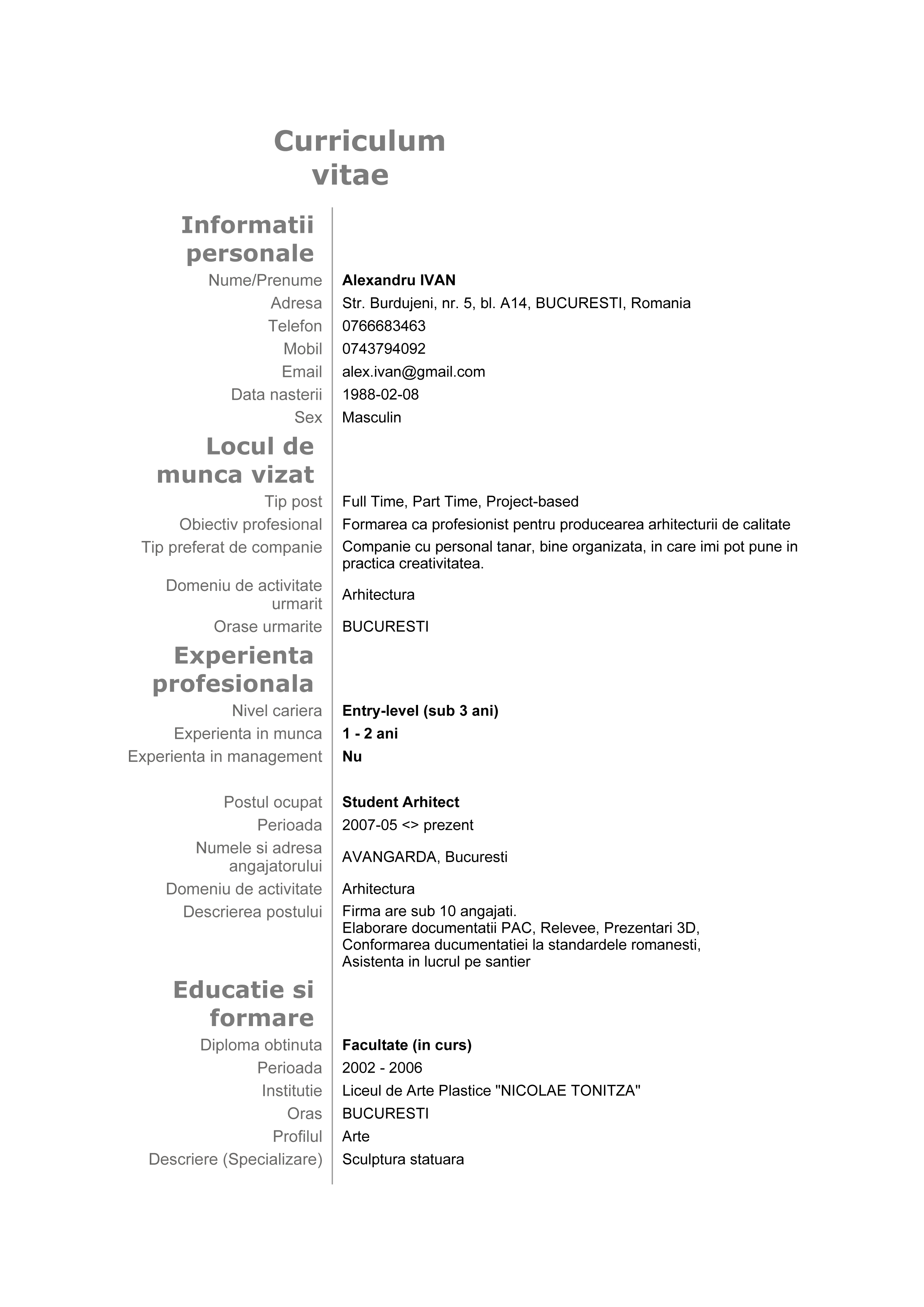 Resume Format: Modele Curriculum Vitae Angajare